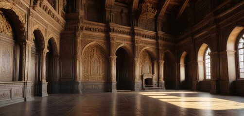 Obraz premium Majestic castle interior with intricate carvings and golden patterns, grand, ornate, carvings