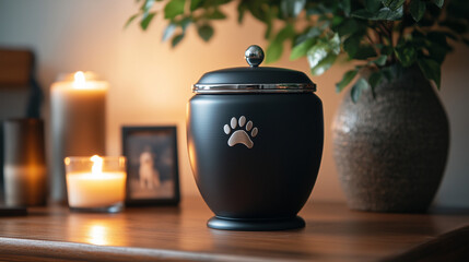 Sleek black memorial pet urn with paw print next to candles and dog photo in soft lighting, as a tribute to a friend, remembrance

