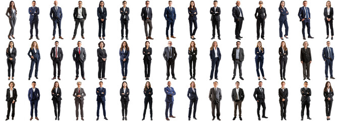 Many business people set on isolated background, formal attire wear, full body length, networking mixed different diversed businesspeople, happy male and female, successful career, crisp edges style