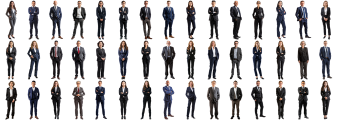 Many business people set on isolated background, formal attire wear, full body length, networking mixed different diversed businesspeople, happy male and female, successful career, crisp edges style