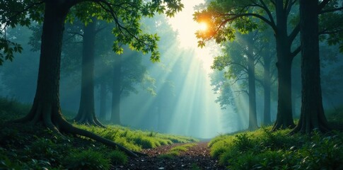 Misty forest with tall trees and wildlife, tree silhouettes, forest landscape, green foliage