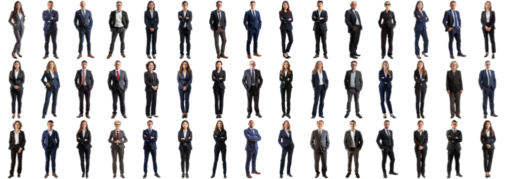 Many business people set on isolated background, formal attire wear, full body length, networking mixed different diversed businesspeople, happy male and female, successful career, crisp edges style