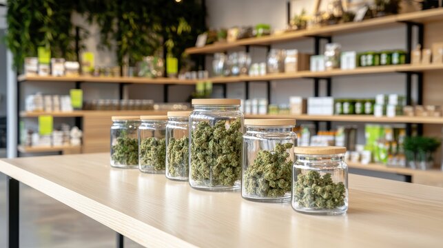 Cannabis buds displayed in glass jars dispensary retail environment