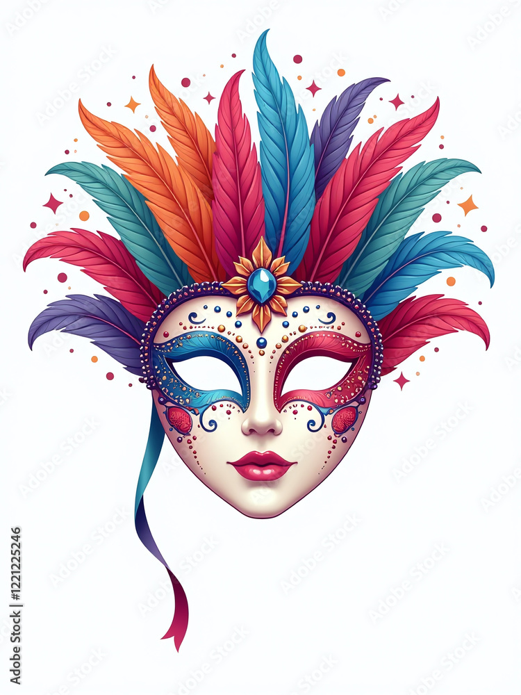 Poster a colorful carnival mask with intricate feather details is prominently displayed against a clean and