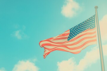 A large American flag waving against a bright blue sky with soft clouds, featuring a retro-style...