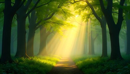 Naklejka premium Peaceful misty forest with warm sunlight streaming through the trees.