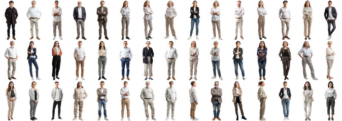 Many business people set isolated background, casual formal attire wear, full body length, networking mixed different diversed businesspeople, happy male female, successful career, crisp edges style