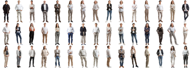 Many business people set isolated background, casual formal attire wear, full body length, networking mixed different diversed businesspeople, happy male female, successful career, crisp edges style