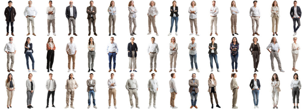 Many business people set isolated background, casual formal attire wear, full body length, networking mixed different diversed businesspeople, happy male female, successful career, crisp edges style