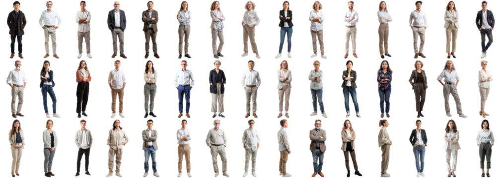 Many business people set isolated background, casual formal attire wear, full body length, networking mixed different diversed businesspeople, happy male female, successful career, crisp edges style