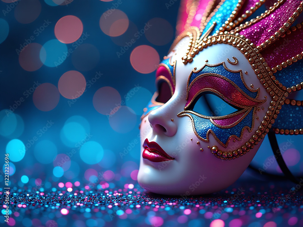 Poster a colorful carnival mask glimmers with a mesmerizing bokeh effect set against a vibrant blue glitter
