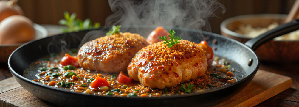 Sizzling backhendl with crispy breadcrumbs in kitchen setting, culinary delight