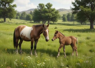 Fototapeta premium Mare and foal grazing in a lush meadow together, wildlife, unicorn, animal friends