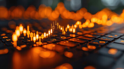 vibrant forex chart overlaying keyboard, showcasing market trends and data analysis. glowing orange elements create dynamic and engaging atmosphere for financial discussions