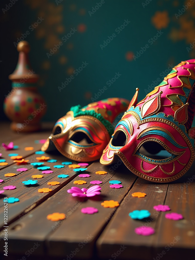 Poster A Colorful Array Of Carnival Masks And Festive Decorations Spills Out Across A Rustic Wooden Tabletop In Sharp Focus. 00002