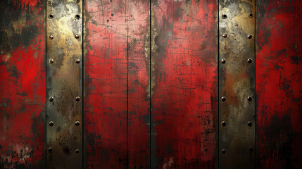 textured red metal background with rust and rivets, creating rugged and industrial feel. surface shows signs of wear and age, adding character and depth to design