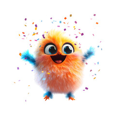 Fluffy 3D Cartoon Bird Throwing Confetti Isolated on Transparent Background