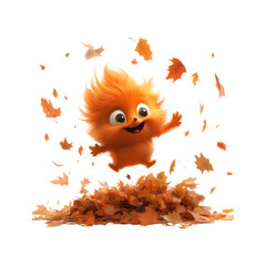 Fluffy 3D Cartoon Character Jumping Through Leaves Isolated on Transparent Background