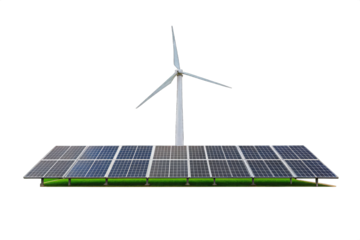 Green land energy setup with solar panels and wind turbine isolated on PNG Background