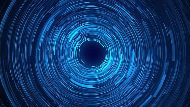 A vibrant abstract vortex created by blue liquid particles spiraling inward, dynamic swirling motion. Pulsations of light emanate center, liquid is drawn inward, evoking depth energy flow
