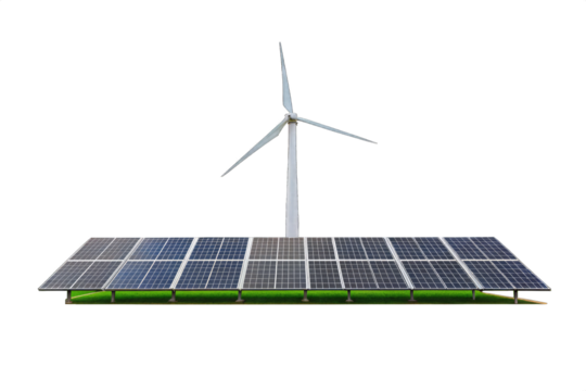 Green land energy setup with solar panels and wind turbine isolated on PNG Background