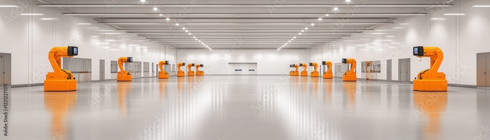 Poster long row of orange robots in a pristine white room showcasing automation technology.
