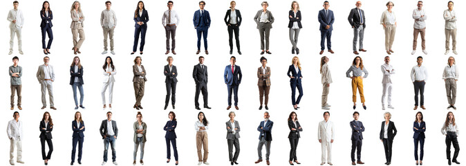 Many business people set isolated background, casual formal attire wear, full body length, networking mixed different diversed businesspeople, happy male female, successful career, crisp edges style