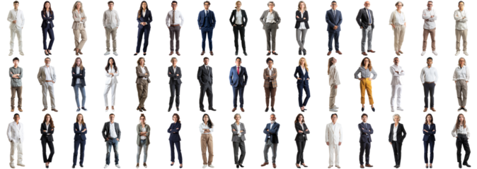 Many business people set isolated background, casual formal attire wear, full body length, networking mixed different diversed businesspeople, happy male female, successful career, crisp edges style