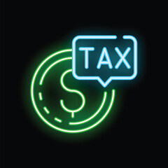 Neon tax icon glowing on dark background representing payment, financial obligation and government revenue