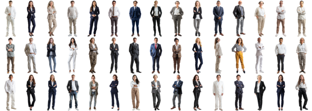 Many business people set isolated background, casual formal attire wear, full body length, networking mixed different diversed businesspeople, happy male female, successful career, crisp edges style