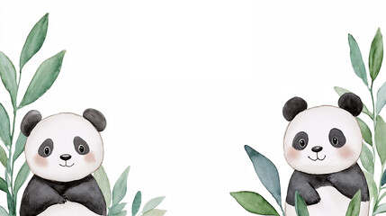 Cute pandas surrounded by green leaves in a watercolor style  