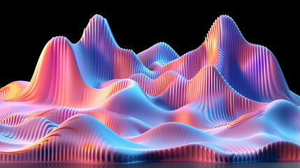 Colorful abstract waves create vibrant landscape with gradient shades, evoking sense of movement and depth. smooth curves and peaks blend harmoniously, captivating viewer