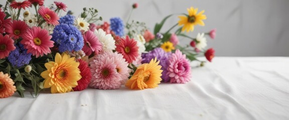 arrangement of different colored flowers on white tablecloth, flowers, decoration, arrangement