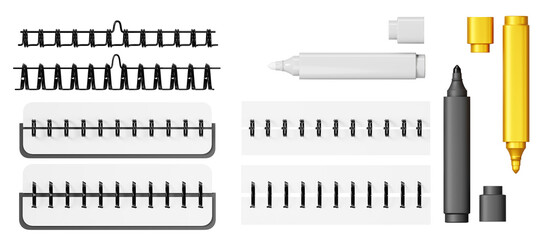 3d set of notebook spiral and marker pen isolated render icon. Office or school stationery mockup, color highlighters, wire metal ring bindings, springs for calendar, notepad or diary. 3D illustration