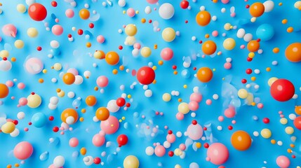 Colorful abstract composition with floating spheres and bubbles on a vibrant blue background