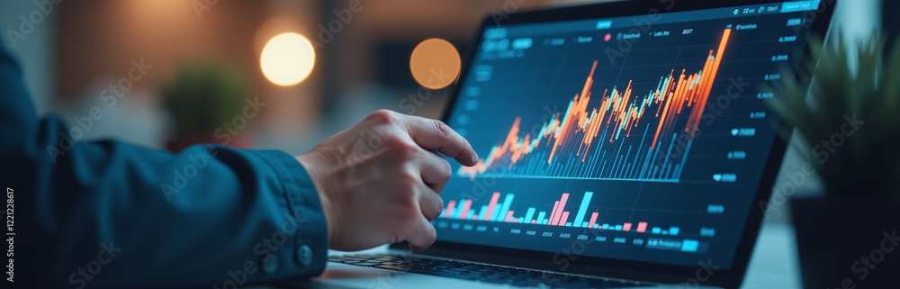 Poster a businessman analyzes the profitability of a company using digital tools and investment data to mak