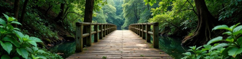 Overgrown old wooden bridge, decayed structure, bridge