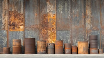Rusty barrels line grungy wall in industrial setting with peeling paint and weathered textures