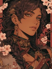 Elegant Person with Dark Hair and Ornate Clothing