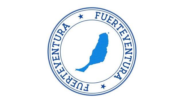 Fuerteventura intro. Badge with the circular name and map of island. Fuerteventura round logo animation.