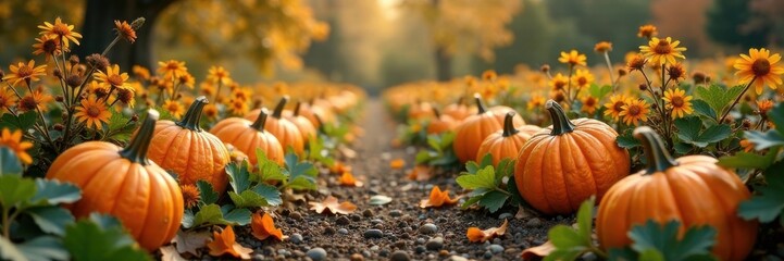 Pumpkin patch with autumnal flowers and vines, fall, pumpkins