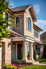 Fototapeta premium Luxury House Exterior: Modern Stone Facade, Landscaping, and Classic Design