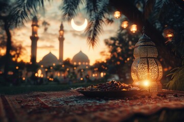 Obraz premium Magical Evening Lanterns: A Serene Sunset Over an Enchanting Mosque with Glowing Lanterns and Traditional Dishes in a Vibrant Garden.