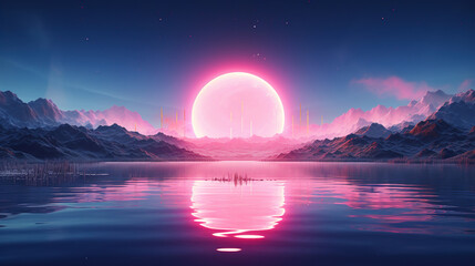 Pink Sunset Over a Majestic Mountain Lake