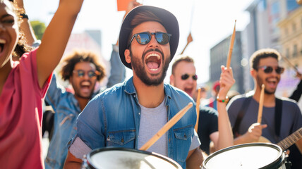 group of passionate musicians leading lively protest with drums and guitars, expressing unity and energy in urban setting