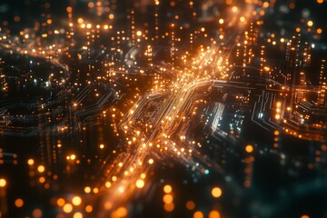 Modern city intersection illuminated at night, showcasing vibrant lights and intricate road patterns