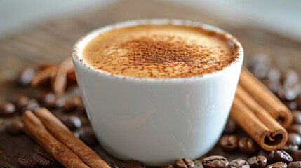 Aromatic coffee in white cup surrounded by coffee beans and cinnamon sticks, creating warm and inviting atmosphere. Perfect for coffee lovers
