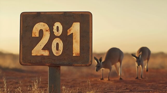Outback road marker 201 km, kangaroos grazing, sunrise