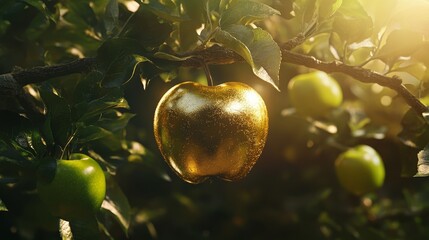 Golden apple hangs on an apple tree among green apples composition background