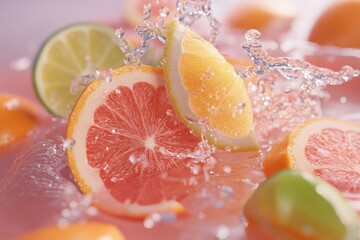 Colorful citrus fruits splash in refreshing water creating an invigorating scene of summertime delight and freshness